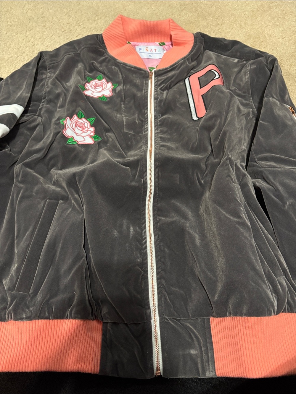 Varsity Bomber Jacket with Pink Trim & Rose Patches